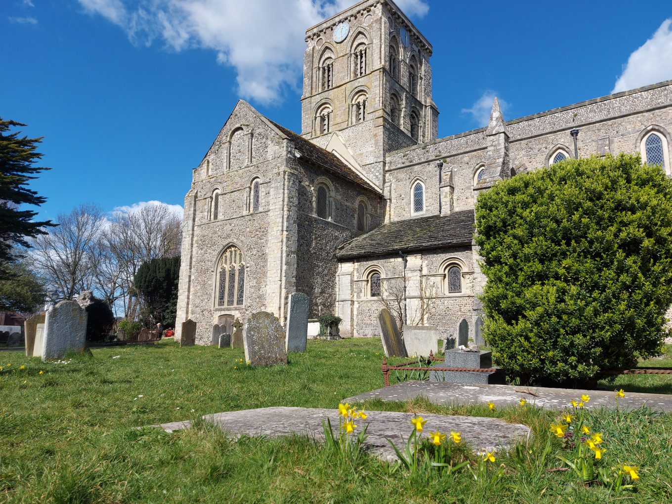 St Mary De Haura Church from the church yard on a Spring Day with Daffodils in the foreground