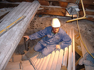 Laying squared chalk bricks, from above Laying squared chalk bricks, from above